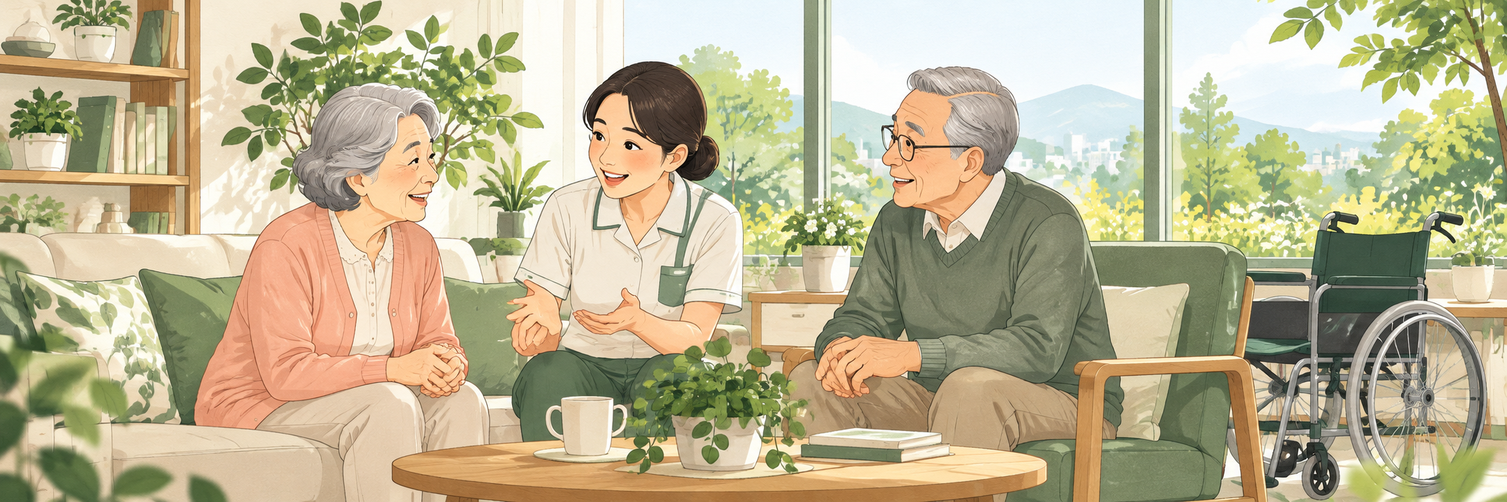 밝은 생활 공간에서 어르신과 돌봄 담당자가 이야기를 나누는 안내 그림